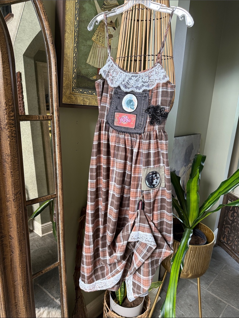 Plaid Lace-Trim Spaghetti Strap Sundress with Patchwork Details